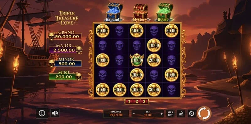 Triple Treasure Cove - glavni zaslon s bubnjevima i gusarskom uvalom